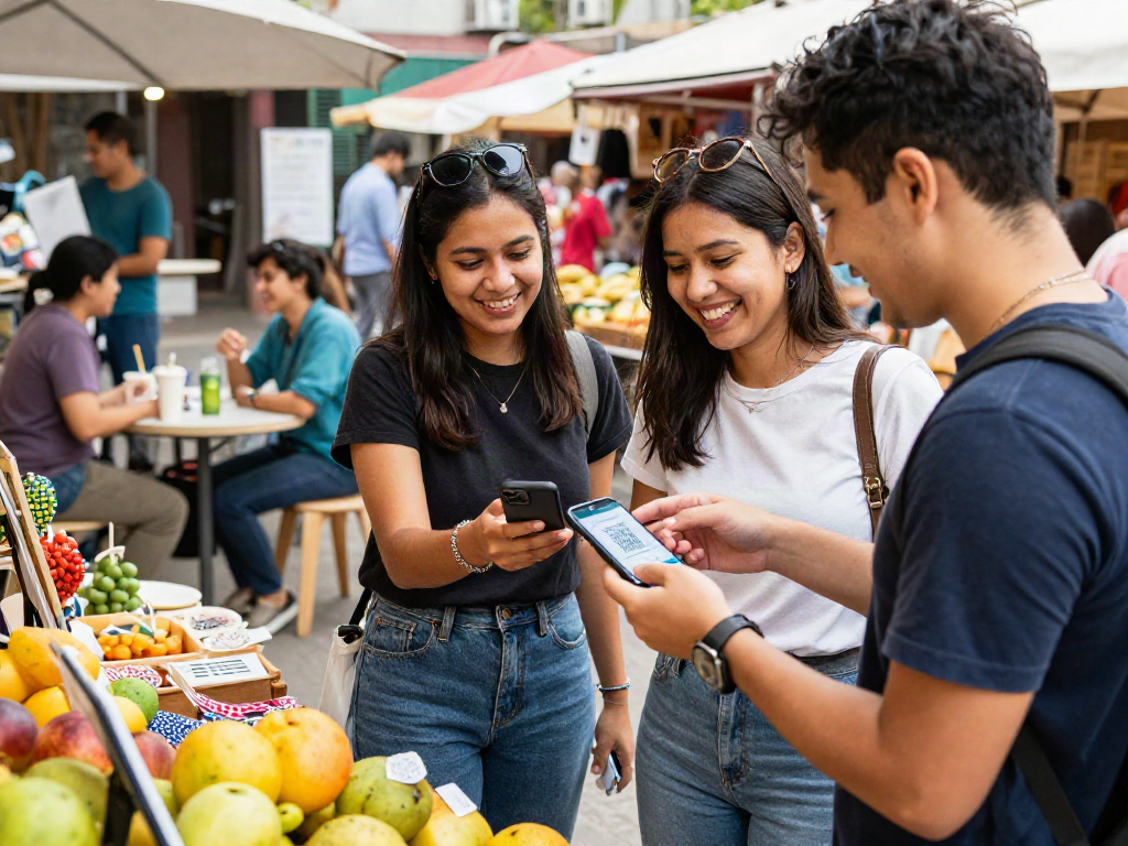 Young adults using smartphones for slot qris payment at a lively market.