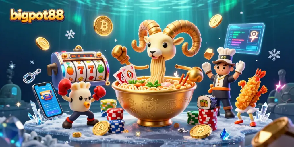 Bigpot88 menghadirkan ilustrasi kasino 3D dengan ramen emas yang menarik kartu dan chip.