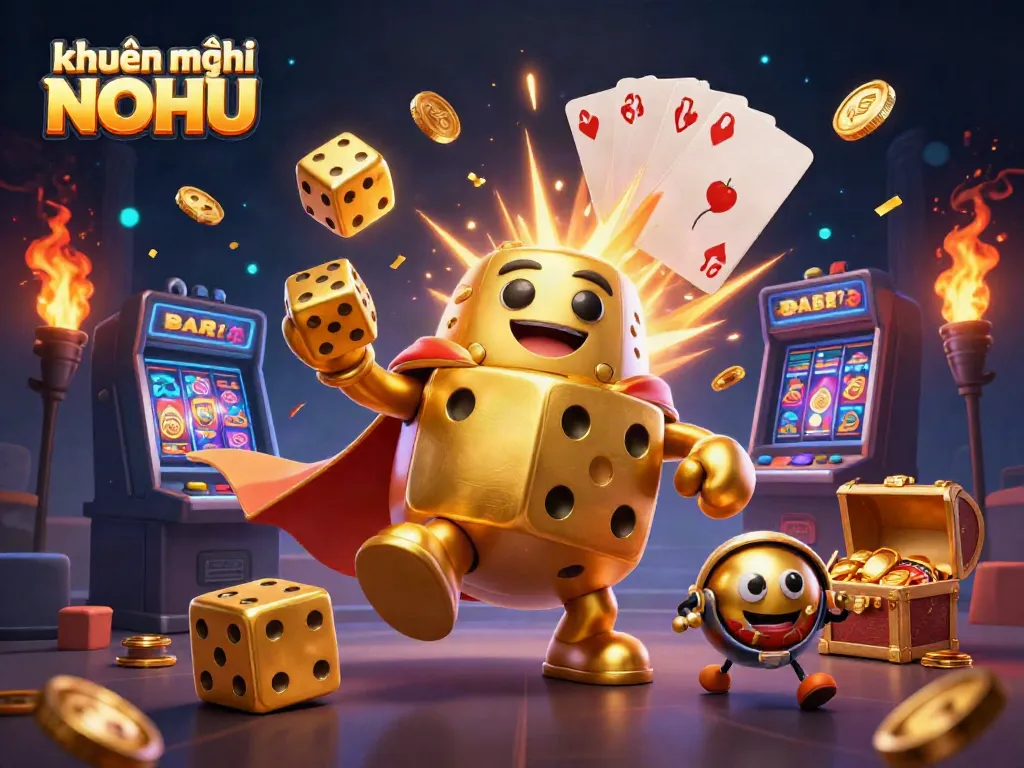 Experience the excitement of khuyến mãi NOHU with golden dice and slot machine bursts in this vibrant casino illustration.