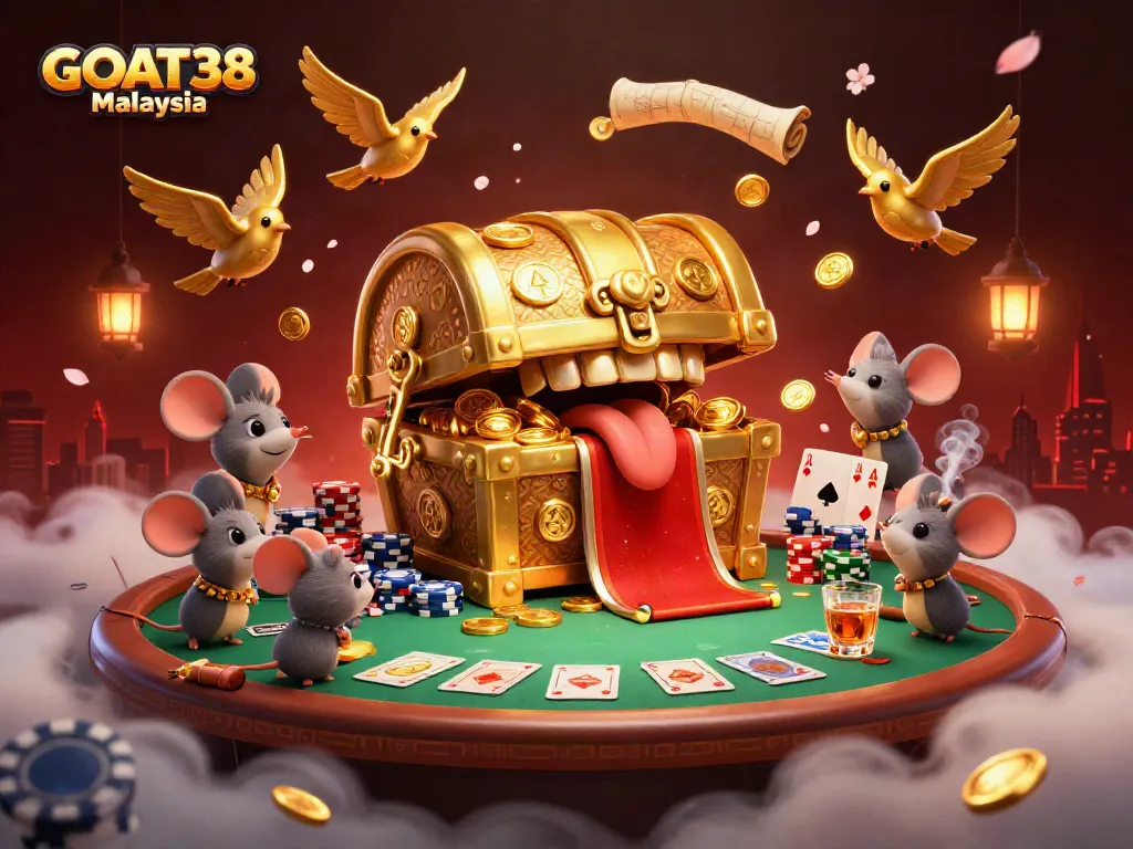 Experience GOAT38 Malaysia with a vibrant 3D scene featuring adventurer mice and golden treasures.