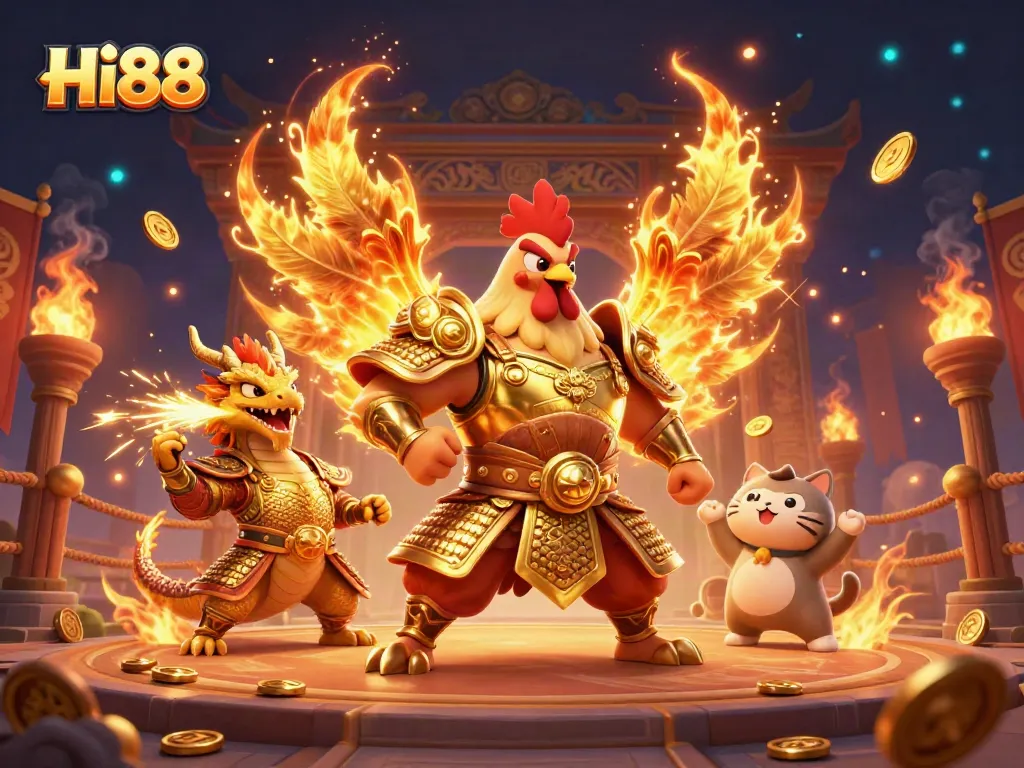 Experience thrilling moments at Hi88 with a fierce rooster warrior and dragon in a vibrant casino arena.