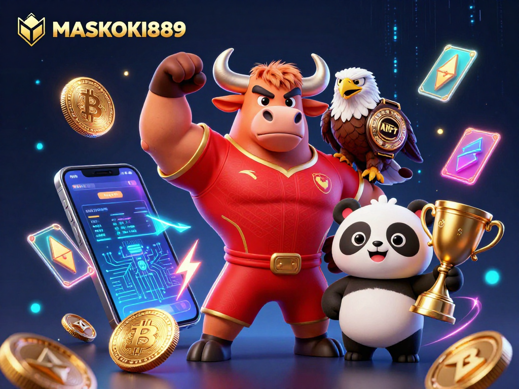 Engage with MASKOKI889's vibrant casino scene showcasing a muscular bull, eagle, and panda amongst crypto elements.