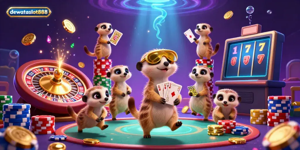 Permainan slot online di dewataslot888 dengan meerkat lucu dalam kasino mewah, dikelilingi koin emas.