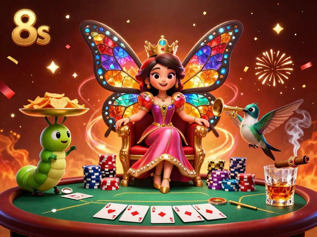 Engage in thrilling gameplay at 8s with a vibrant 3D casino scene featuring a butterfly queen and poker elements.