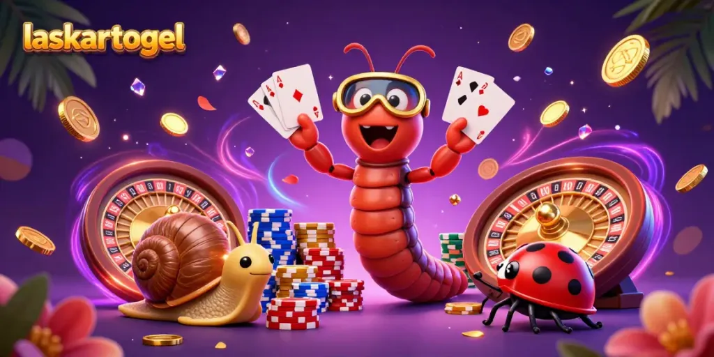 Experience vibrant gaming action with Laskartogel, showcasing a lively dealer with cards and high-roller elements.