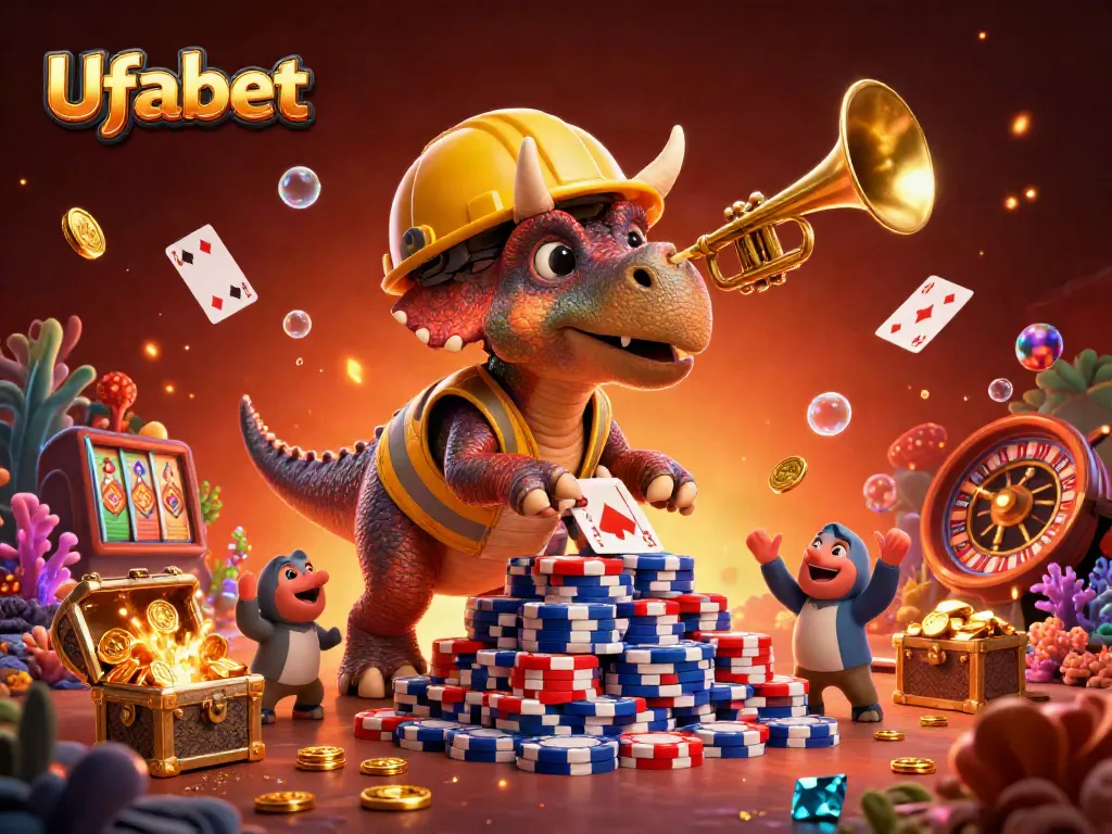 Experience Ufabet with lively characters celebrating gambling wins amidst vibrant casino elements.