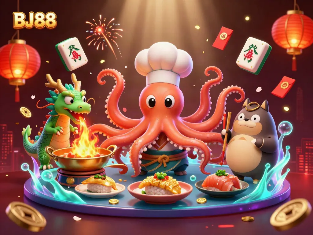 BJ88 ignites excitement with a vibrant 3D cartoon depiction, where a chef octopus, dragon, and tanuki deliver dynamic games and winnings.