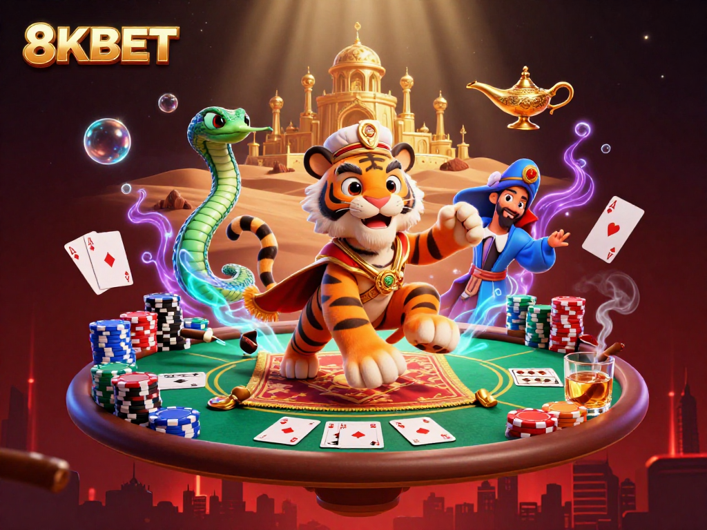 Experience thrilling gaming at 8KBET with a fantastic 3D casino scene featuring a tiger sultan.
