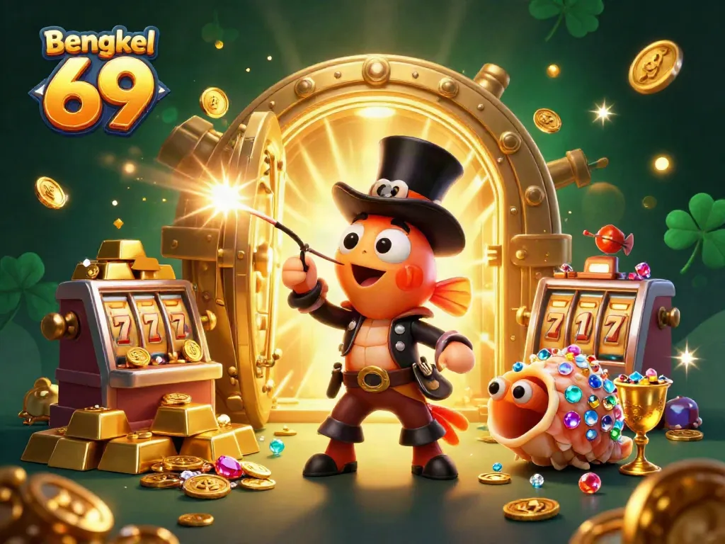 Experience the thrill of Bengkel 69 with 3D characters attracting golden coins in a vibrant casino scene.