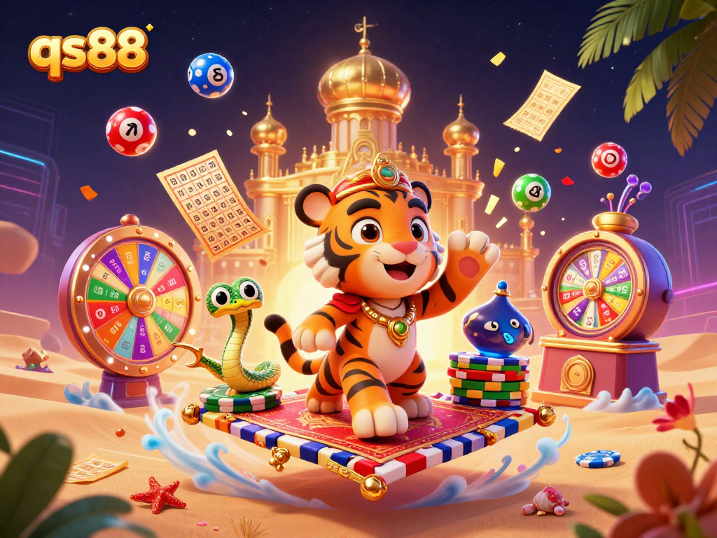 Experience thrilling games with qs88’s vibrant casino scene featuring jackpots and festive lottery elements.
