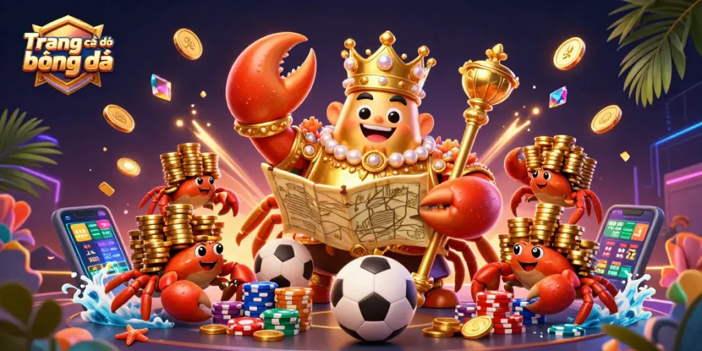 Bet on Trang cá độ bóng đá with our stunning visual of a golden crab emperor surrounded by vibrant sports elements.