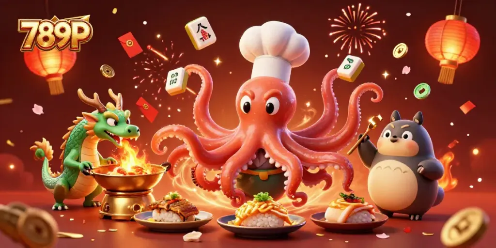 Engage with lively 789P themed casino scene featuring a dynamic cartoon octopus, dragon, and tanuki.