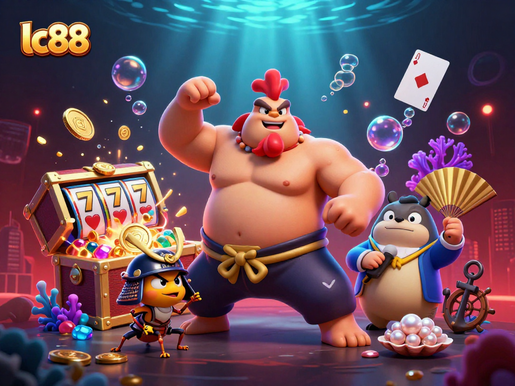 Engage with lc88's thrilling slot experience featuring powerful characters in a dynamic casino scene.