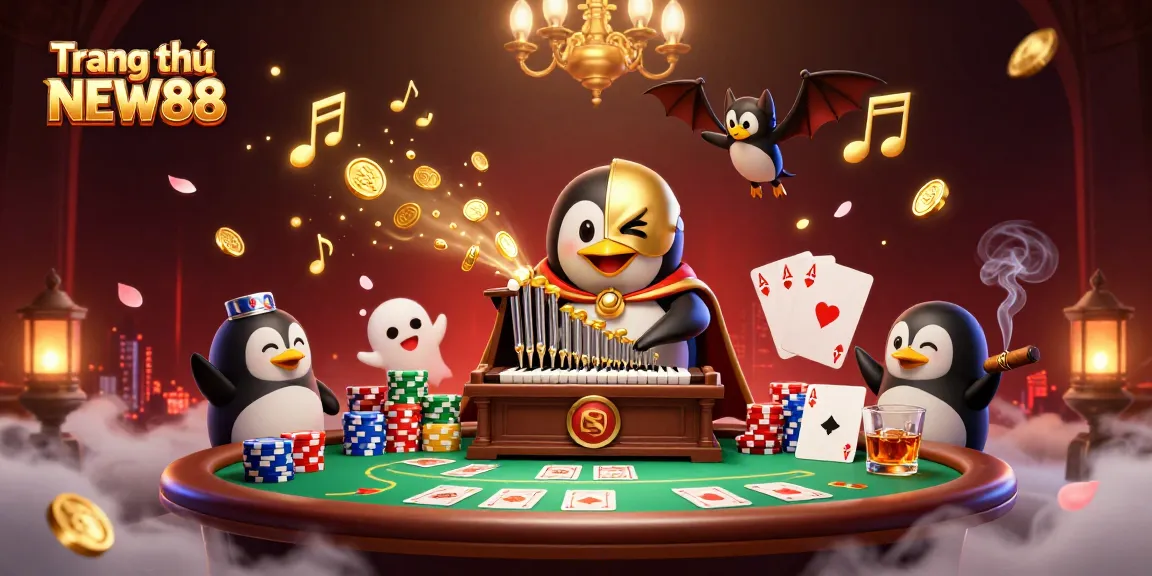 Experience the excitement of Trang chủ NEW88 with a vibrant 3D casino scene featuring a phantom penguin and high-stakes poker.