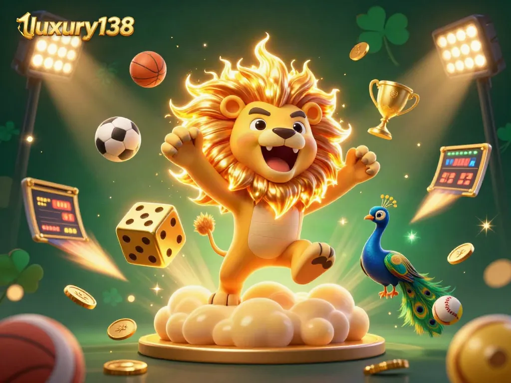Engage with the luxury138 gaming experience as the triumphant sun lion roars amid golden sports elements and dynamic visuals.