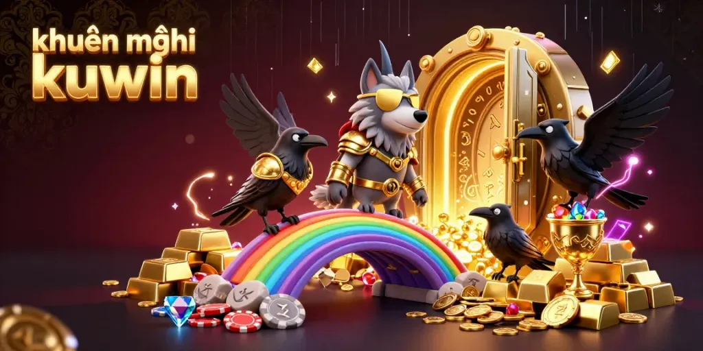 Engage with khuyến mãi kuwin while exploring a vibrant 3D scene filled with treasures and notable casino elements.