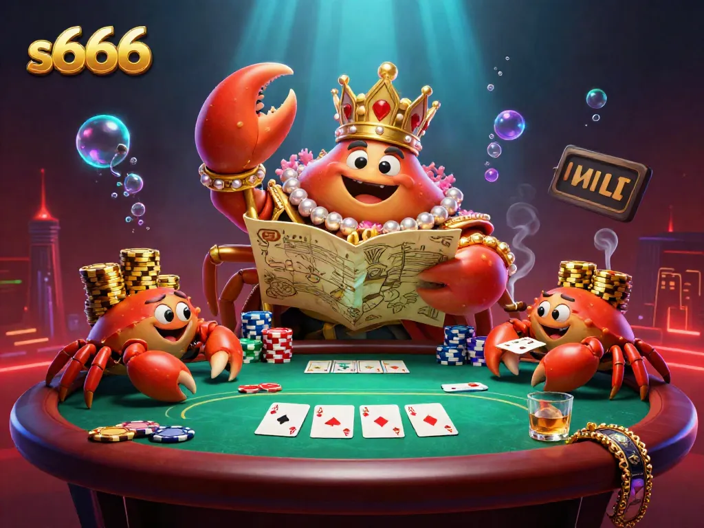 Experience the thrill of s666 gaming with our vibrant golden crab emperor illustration, surrounded by poker elements.