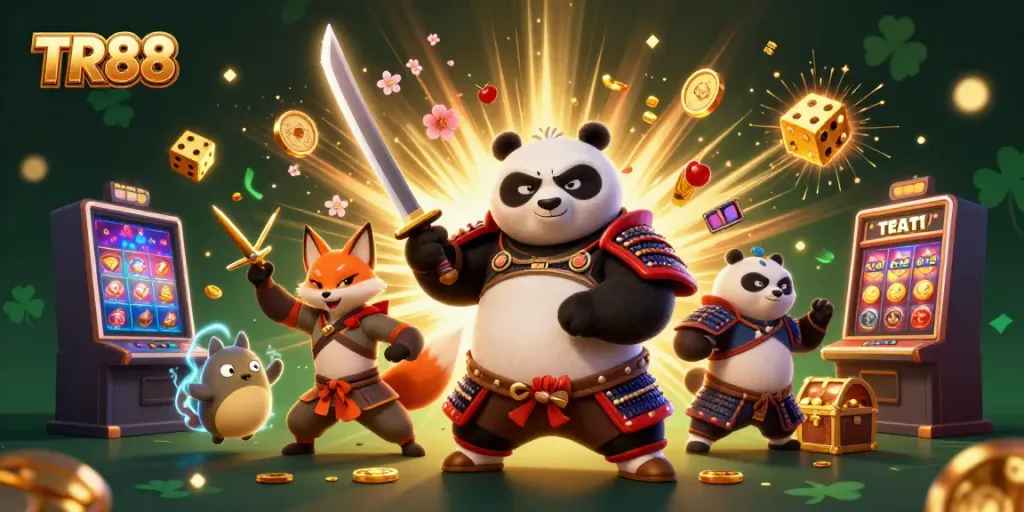 Engage with TR88's vibrant casino scene featuring a samurai panda, a ninja fox, and treasure rewards.
