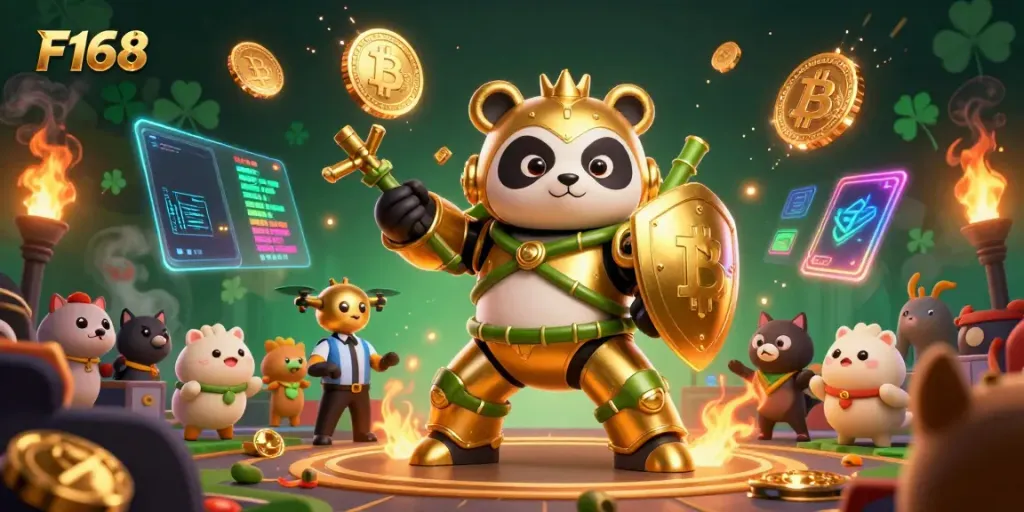 Engage with thrilling casino action at F168, showcasing a mech-suit panda amidst vibrant gambling elements.