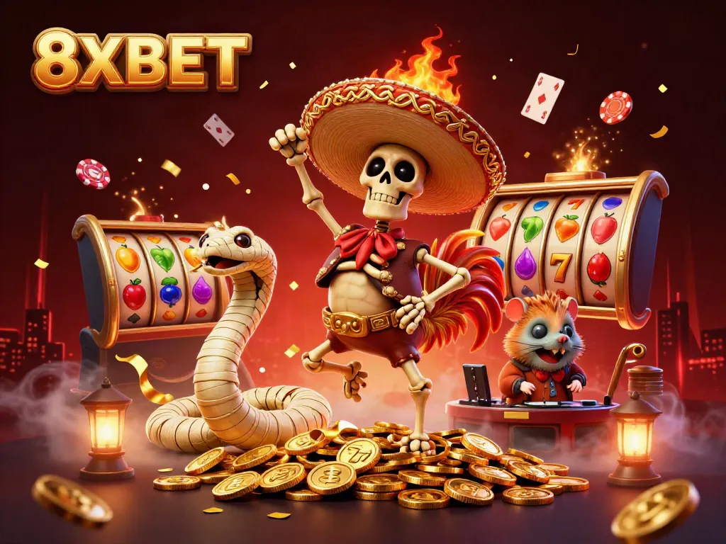 Celebrate with 8XBET characters dancing on golden coins amidst vibrant casinos with slot reels spinning.
