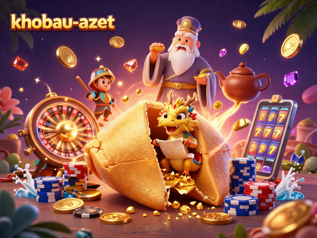 Experience the adventure of khobau-aztec with a dynamic 3D illustration featuring a golden fortune cookie and casino-themed elements.