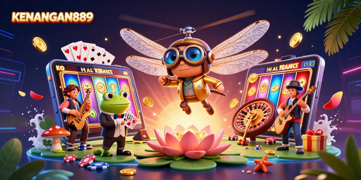 Experience KENANGAN889's vibrant casino scene with a dragonfly pilot, frog croupier, and more.
