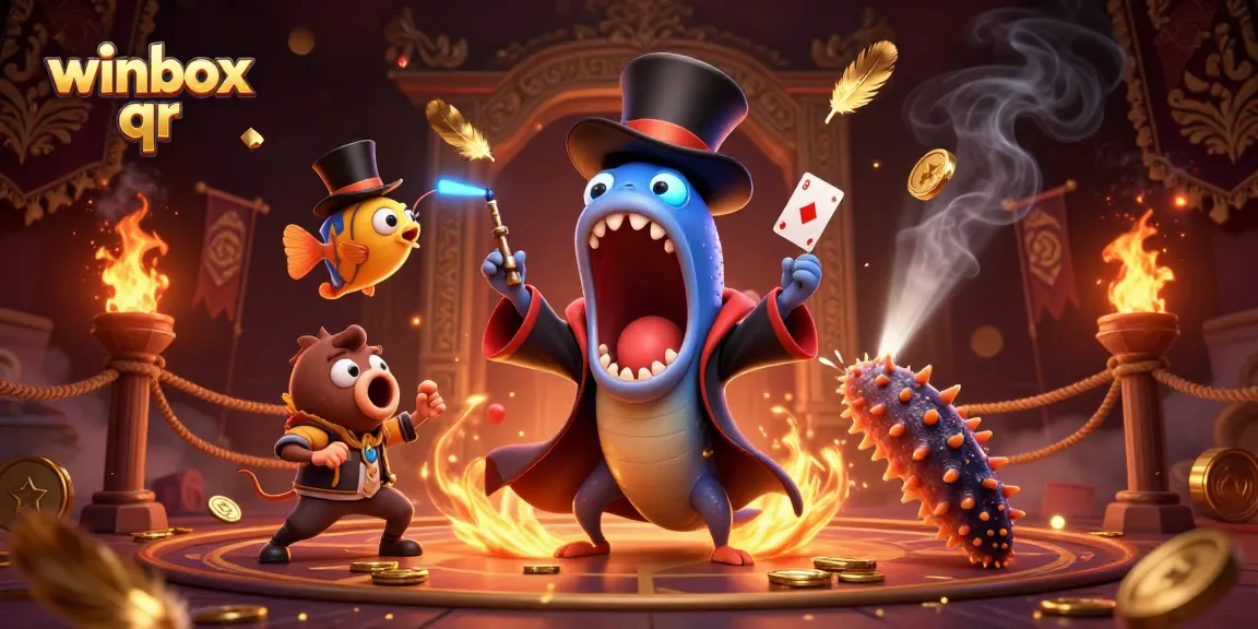 Winbox qr features a bioluminescent eel magician performing tricks in a vibrant casino scene.