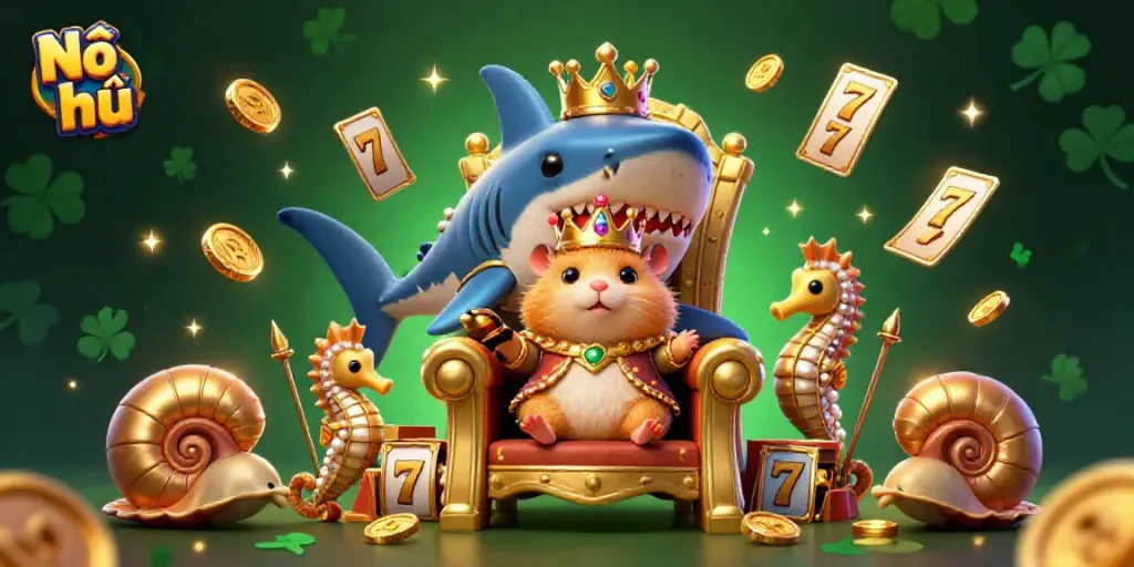 Nổ hũ dynamic scene featuring a golden hamster king on a shark tooth throne with slot game elements and royal guards