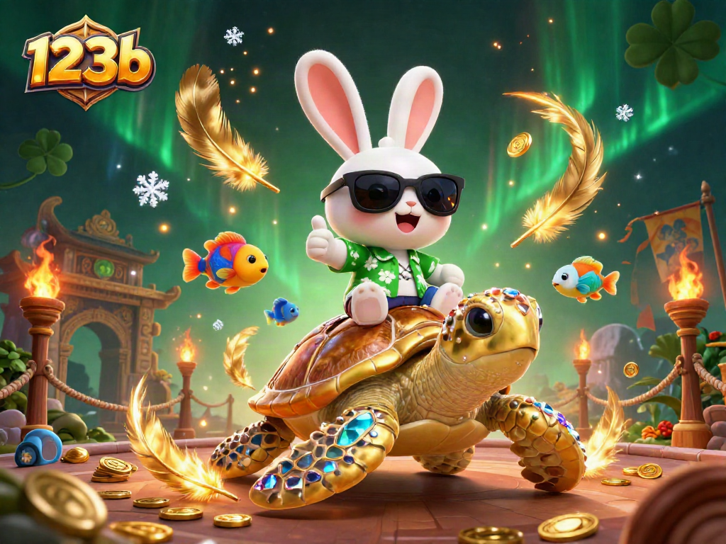 Engage with 123b's vibrant 3D illustration featuring a lucky rabbit and golden turtle in a dynamic gaming scene.