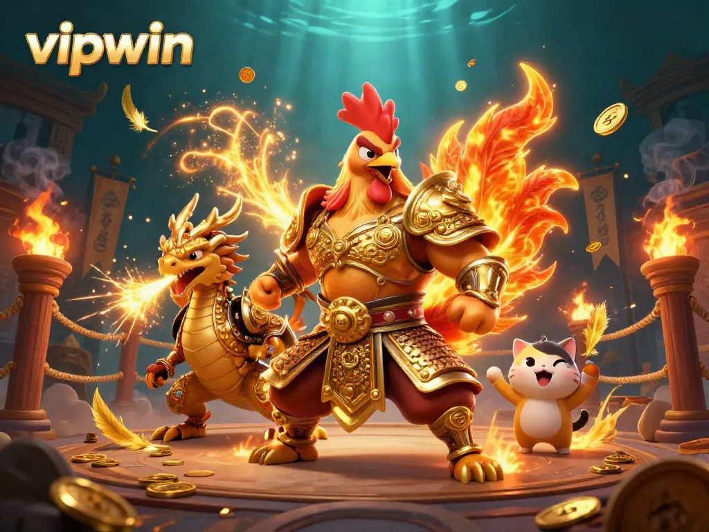 Experience epic battles with vipwin's vibrant fighting rooster and dragon in a golden arena scene.
