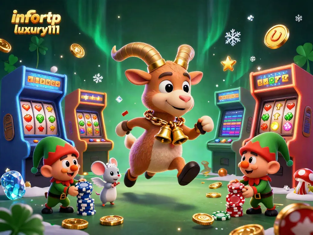 Engage with info rtp luxury111 at a festive casino with a Krampus goat, angel mouse, and playful gremlins.