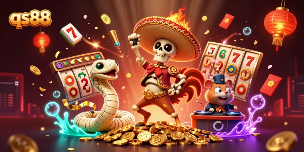qs88 showcases a vibrant casino scene with characters celebrating amid slot reels and golden decorations.