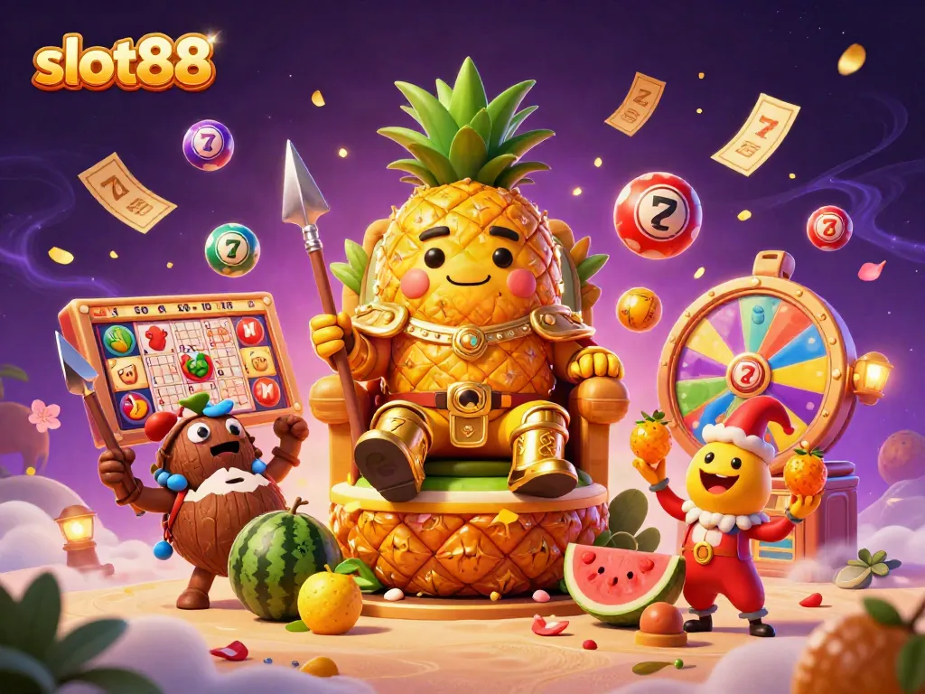 Experience the vibrant energy of slot88 with a golden pineapple king and dynamic casino elements.