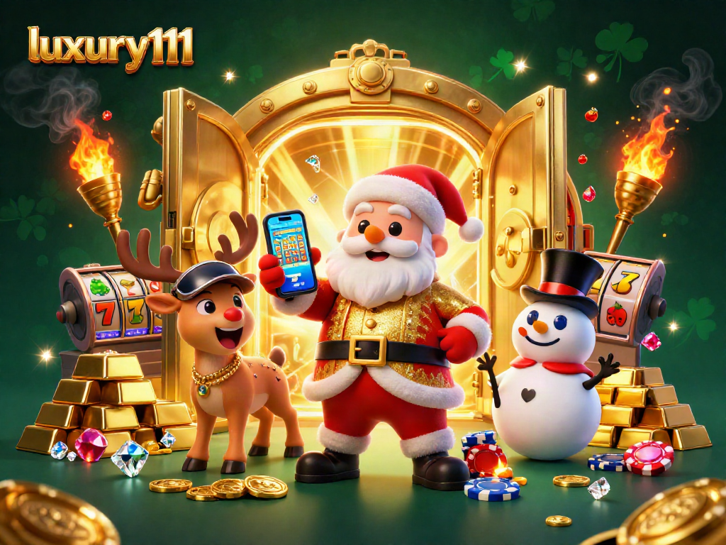 Experience exciting slots with luxury111 in a vibrant casino scene featuring a festive Santa and friends.