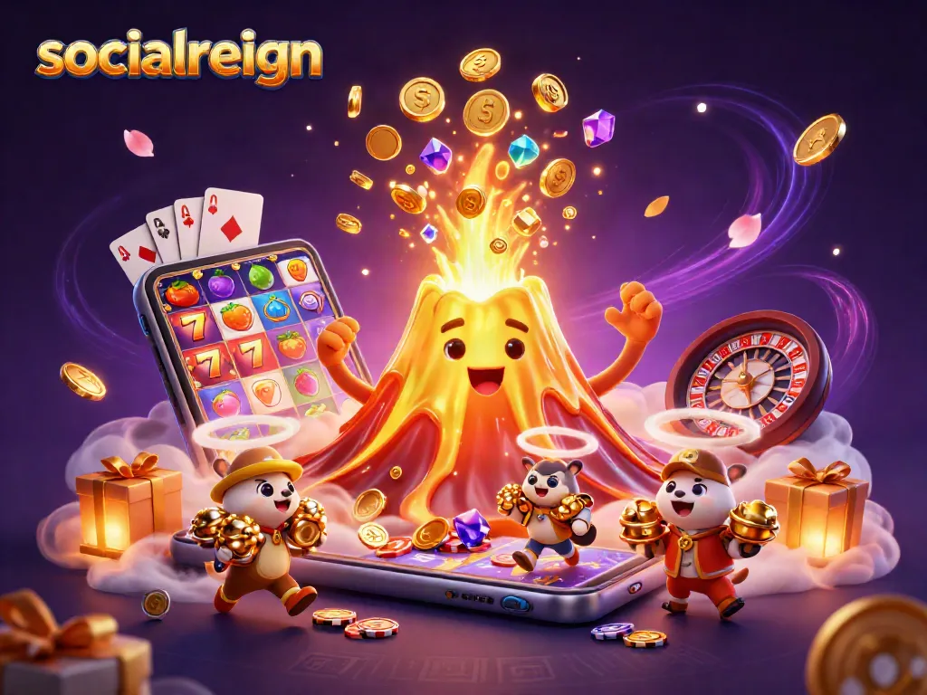Play slots and win with socialreign as coins and treasures erupt from a golden volcano.