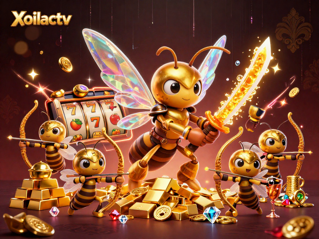 Xoilactv showcases an energetic scene of a golden hornet samurai amidst vibrant casino elements.