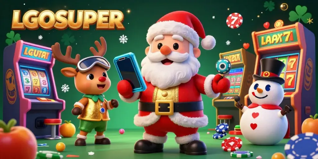 Experience the excitement of LGOSUPER's jackpot slots with Santa Claus and friends in a festive casino.