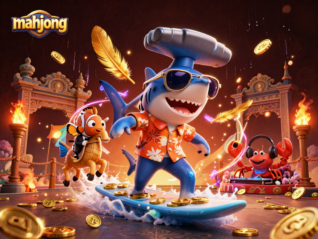 Experience mahjong excitement with thrilling characters riding waves of gold coins in this vibrant casino scene.