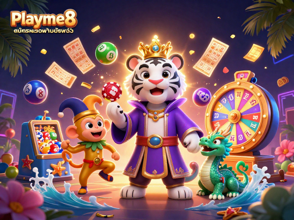 เล่นเกมคาสิโนออนไลน์กับ Playme8 สมัครสมาชิกผ่านมือถือ ผ่านภาพการ์ตูนเสือขาวในชุดคลุมสีม่วงและลิงทอง