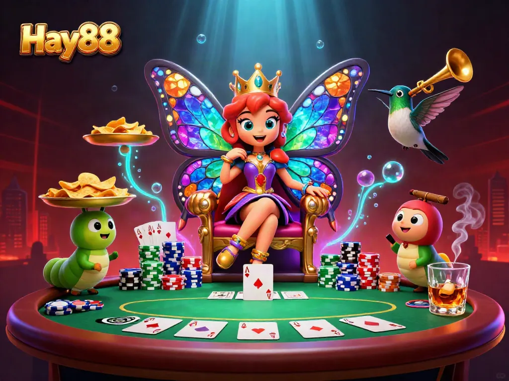Experience thrilling gameplay at Hay88 with vibrant illustrations showcasing poker action and festive characters.