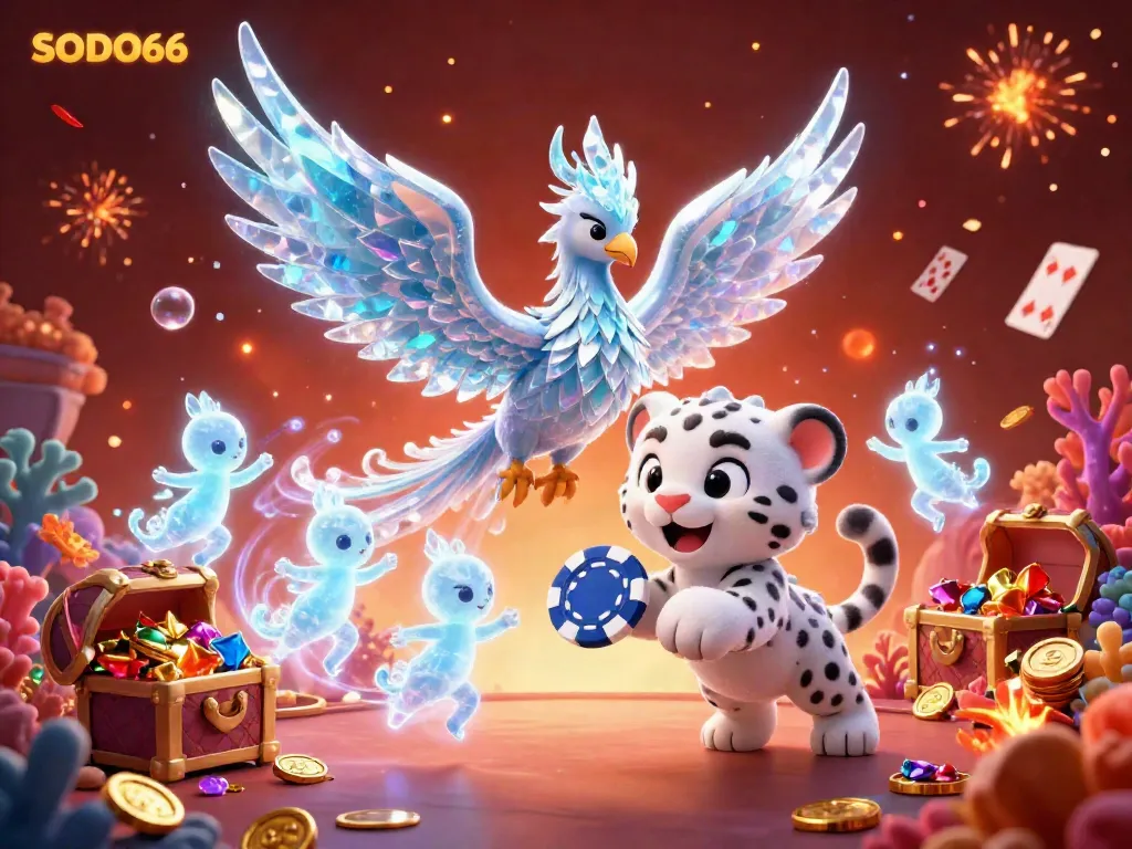 SODO66's vibrant, engaging 3D illustration captures the essence of casino excitement with a whimsical ice phoenix and playful snow leopard cub.