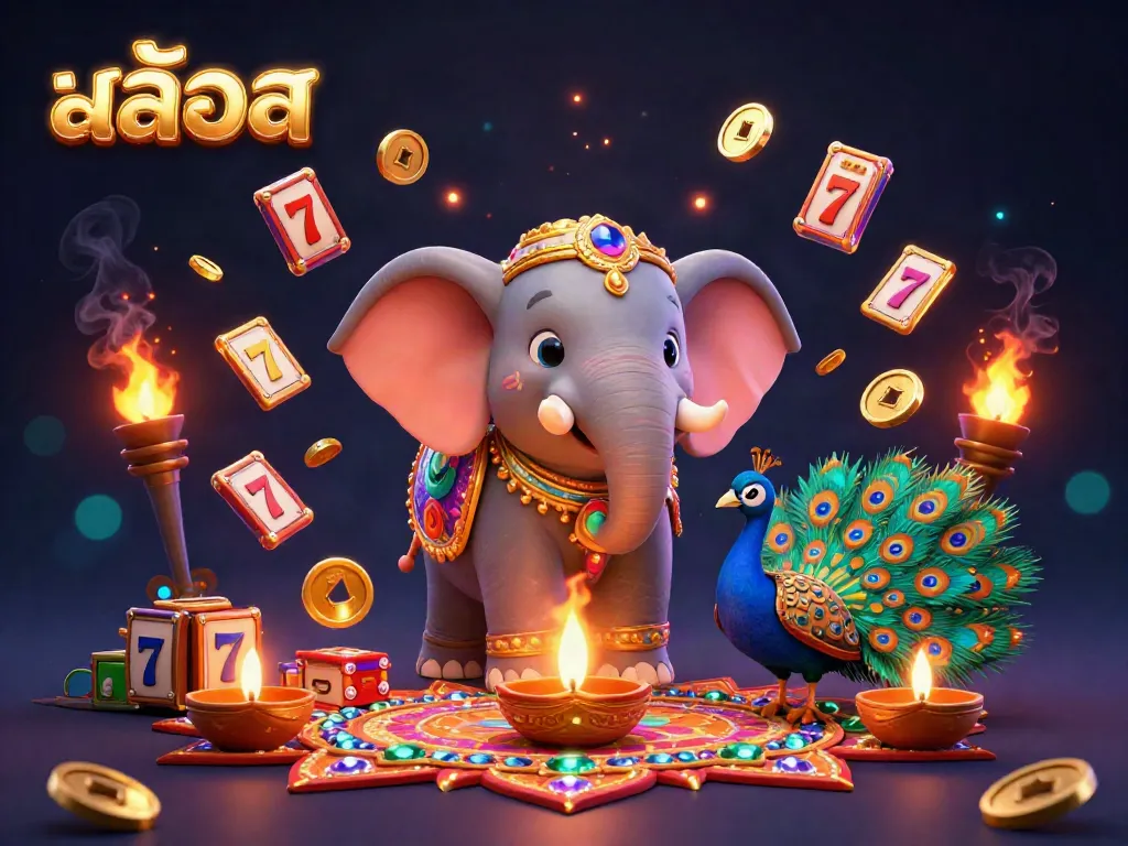 Engage in สล็อต gaming excitement with vibrant elephant and peacock amidst colorful decorations.