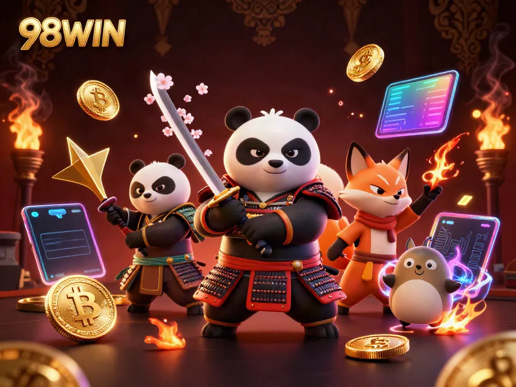 Engage in thrilling winnings with 98WIN as a fierce samurai panda battles alongside a ninja fox and tanuki.