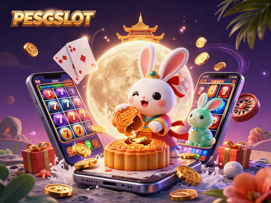 Menggenggam PESGSLOT, kelinci bulan tradisional mengolah bulan kue berisi chip poker dalam ilustrasi 3D.