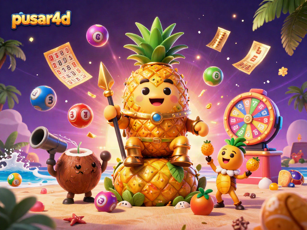 Pusar4d mempersembahkan ilustrasi kasino 3D dengan raja nanas, penjaga kelapa, dan badut mangga dalam nuansa bermain lotere.