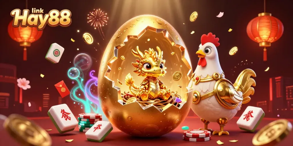 Play games at link Hay88 featuring a golden egg, dragon, and poker chips, creating a vibrant betting atmosphere.
