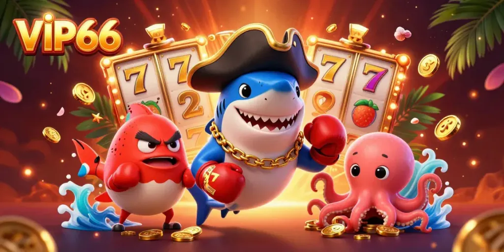 Win big with VIP66's captivating casino games featuring a shark, pufferfish, and octopus.