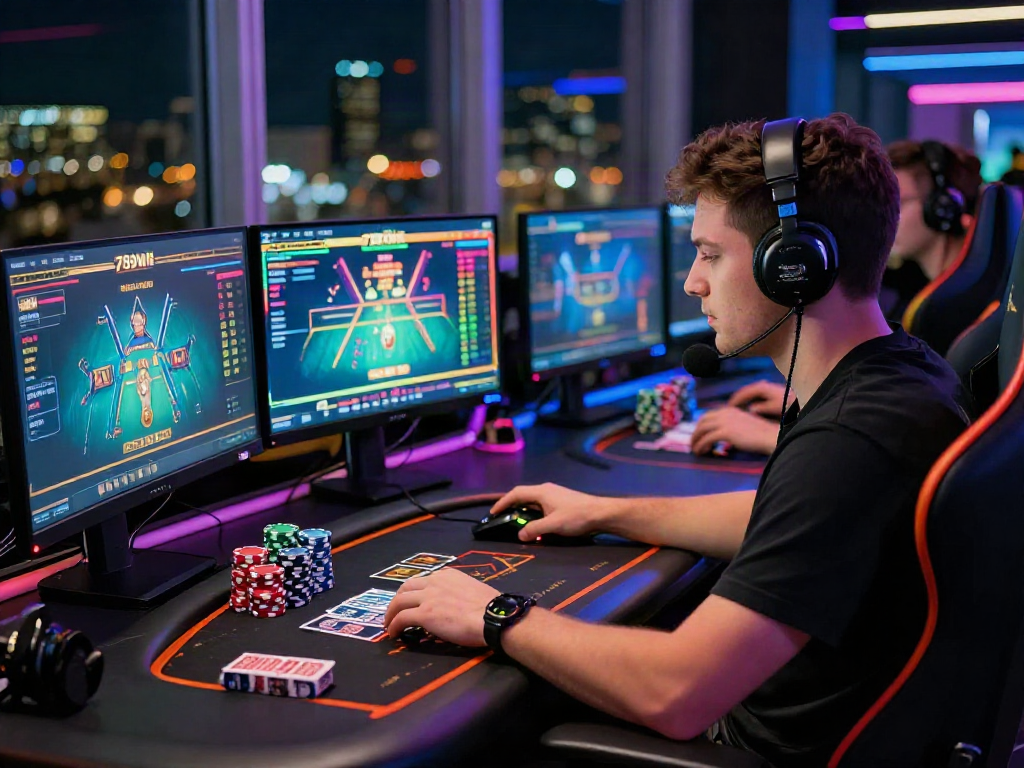 Gamer focused on 789win online casino platform, dynamic gaming setup with vibrant graphics and poker chips.