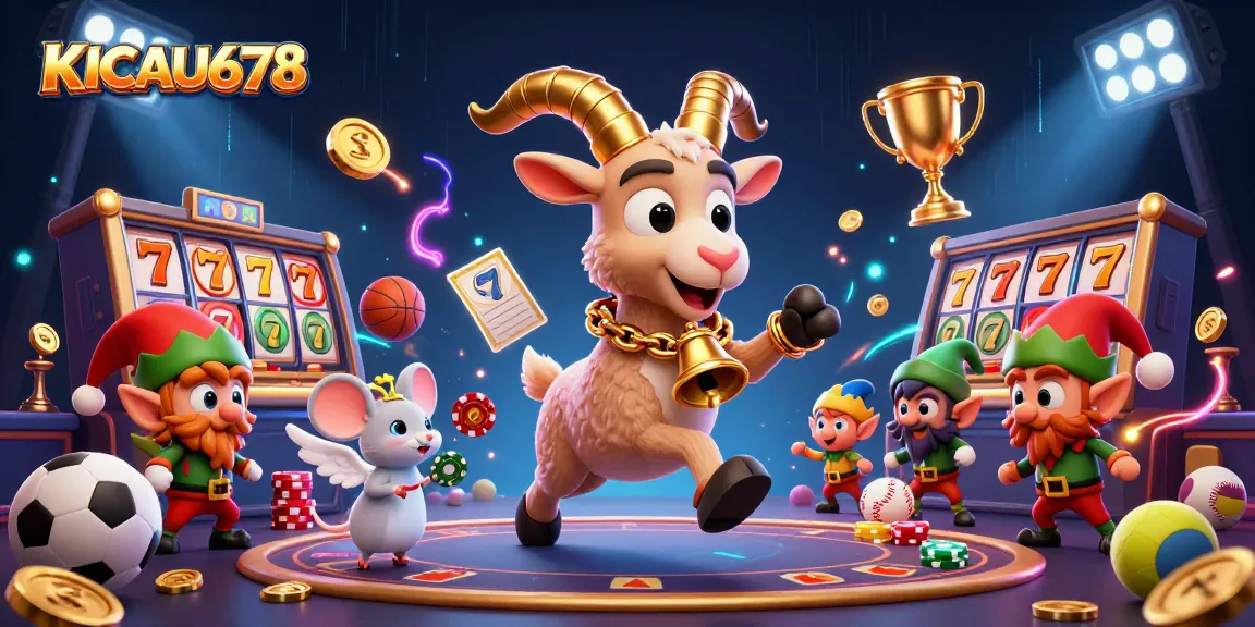 KICAU678 presents a festive casino scene with a Krampus goat, managing chaos among mischievous elves stealing chips.