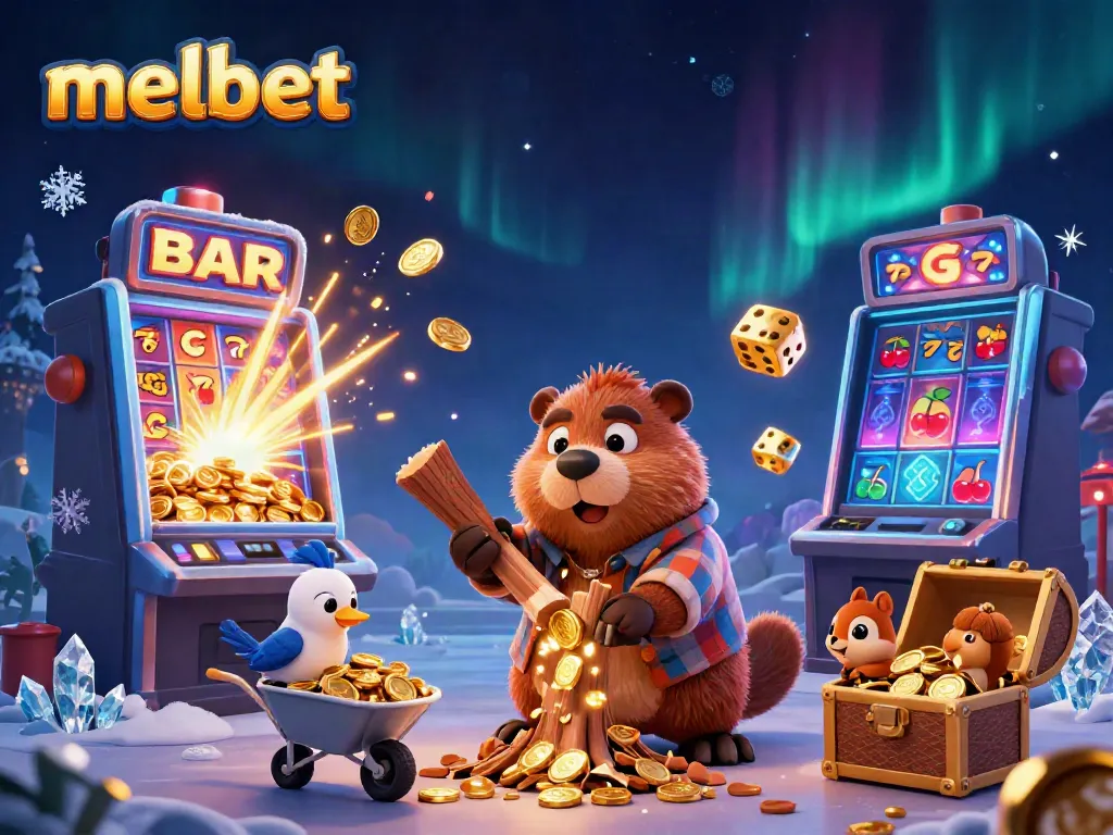 Engaging melbet illustration with a lumberjack beaver and casino elements showcasing vibrant gambling action.